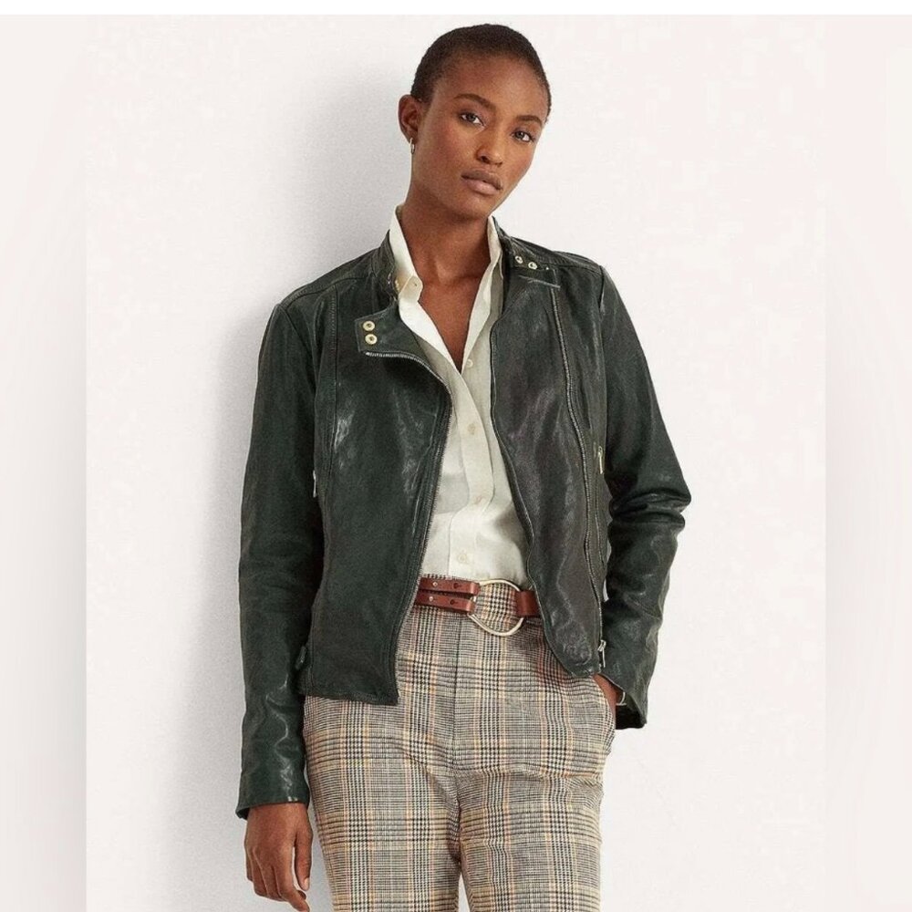 Lauren Ralph Lauren  Leather  Moto Jacket Dark Green Size 6 NWT